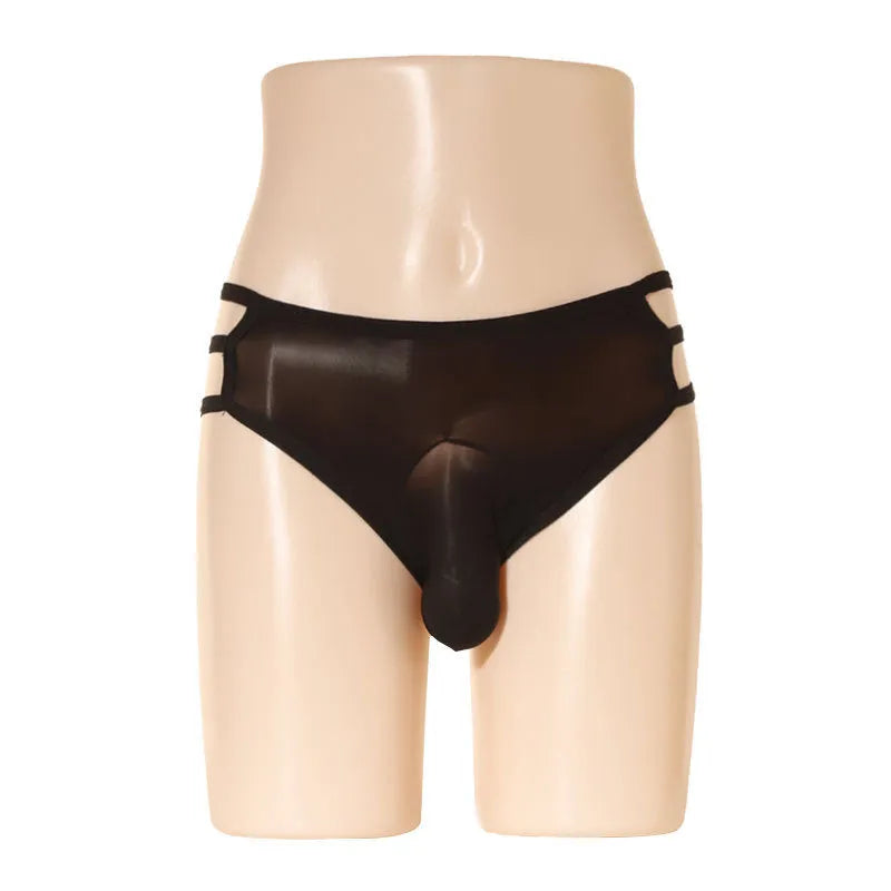 Men's transparent elephant nose shorts in nylon fabric showing free size mid-waist fit