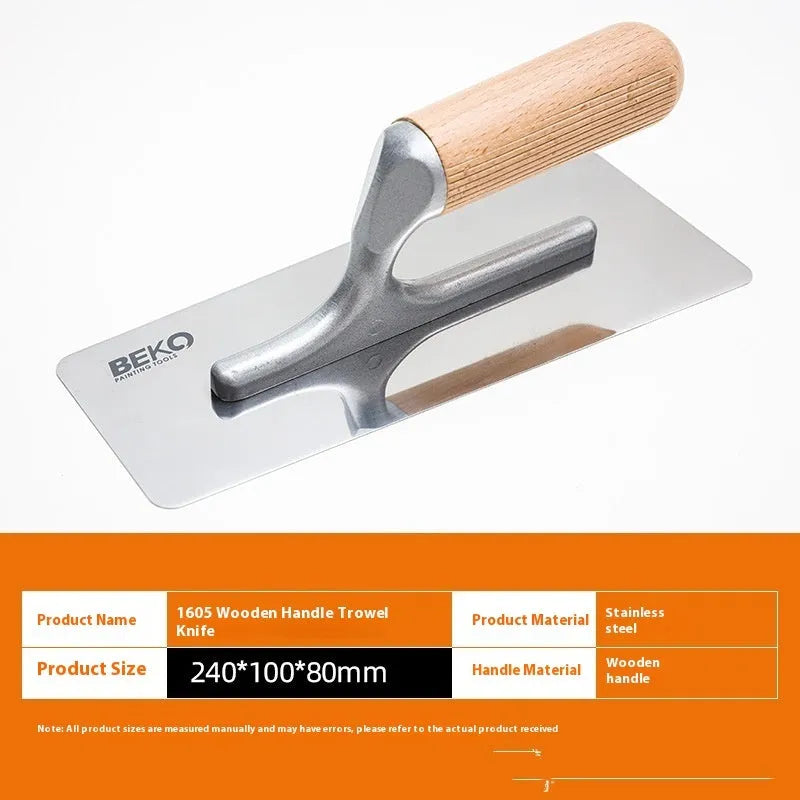 Stainless steel putty scraper with wooden handle showing three different blade size options.