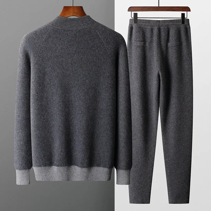 Men's camel cashmere blend half turtleneck zip-up cardigan suit with trousers