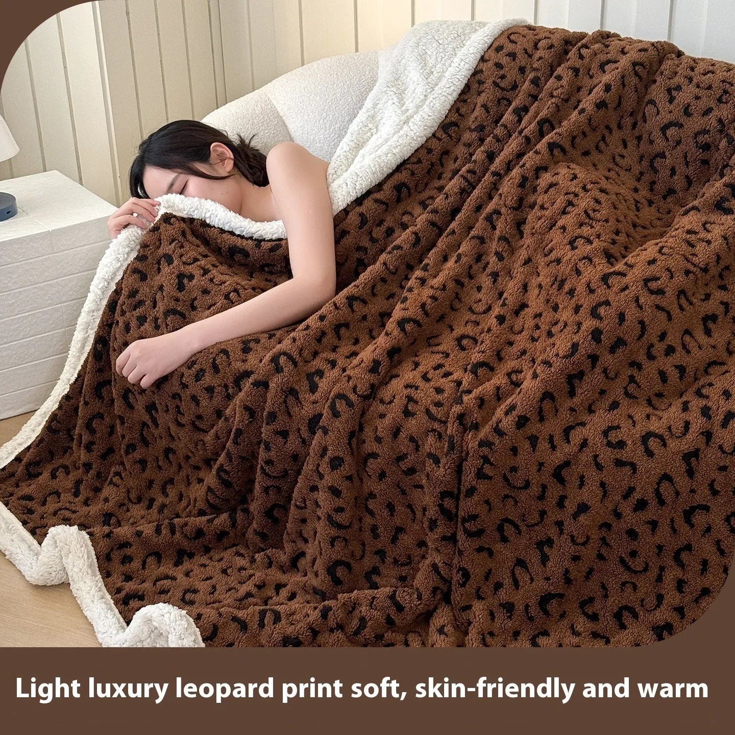 Double-layer cationic leopard jacquard taffeta blanket showing animal print pattern detail