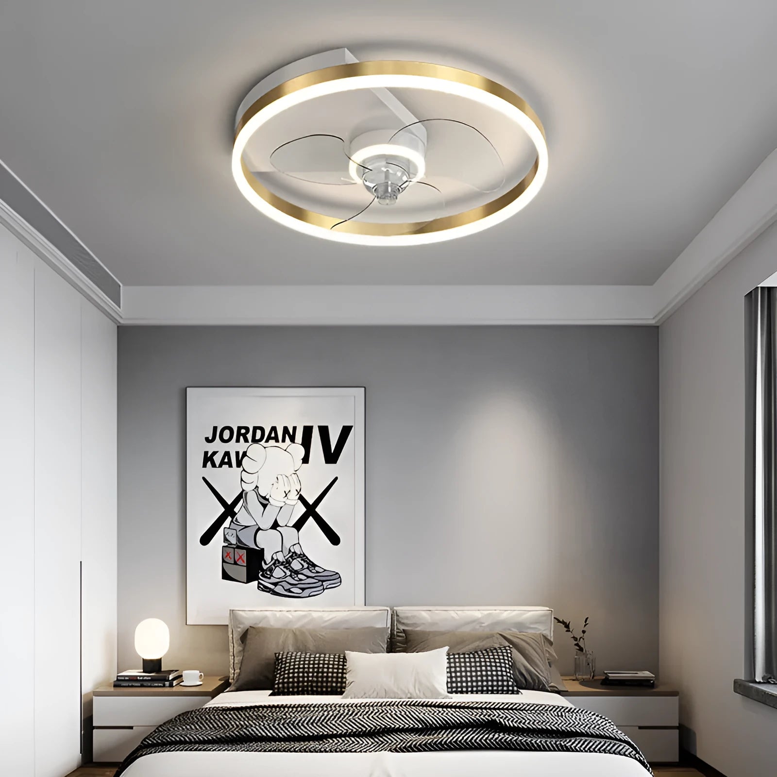 Simple modern Nordic-style white ceiling light with LED bulbs, designed for a child's bedroom.