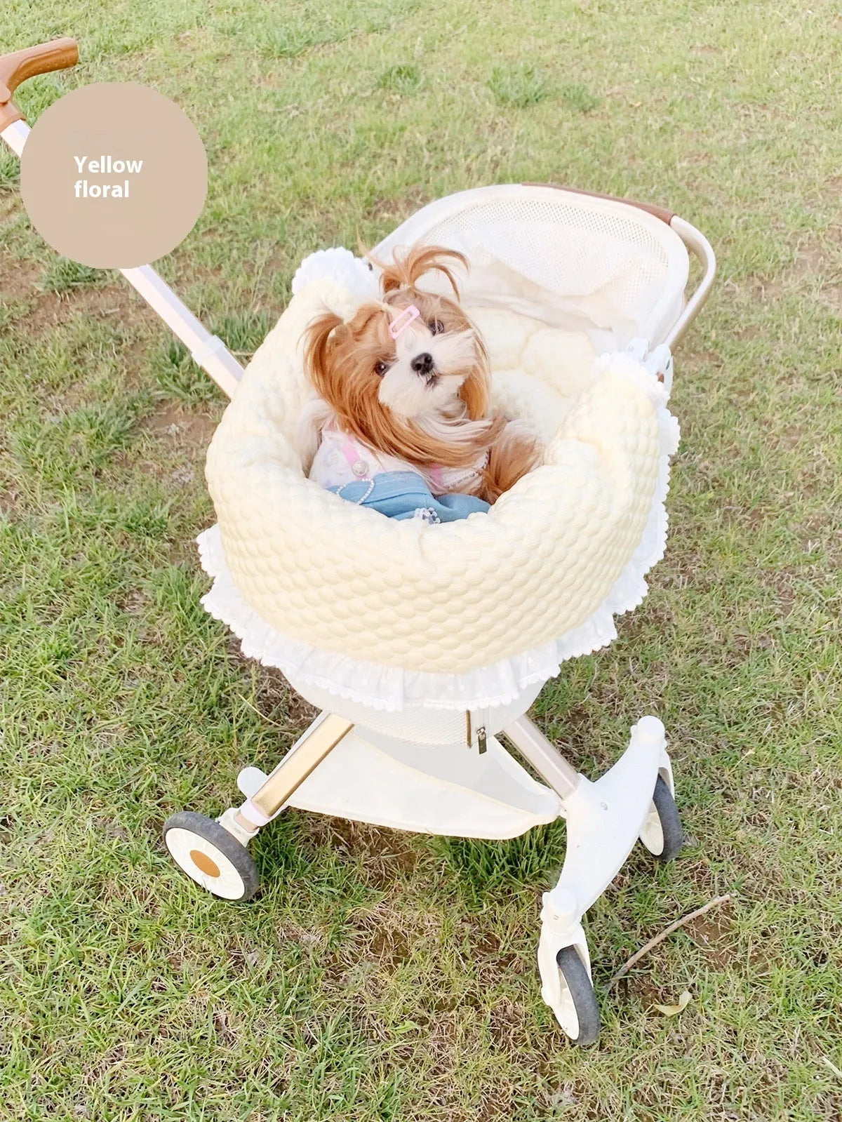 Pet stroller accessory set with towel, cushion, and pillow in floral pattern