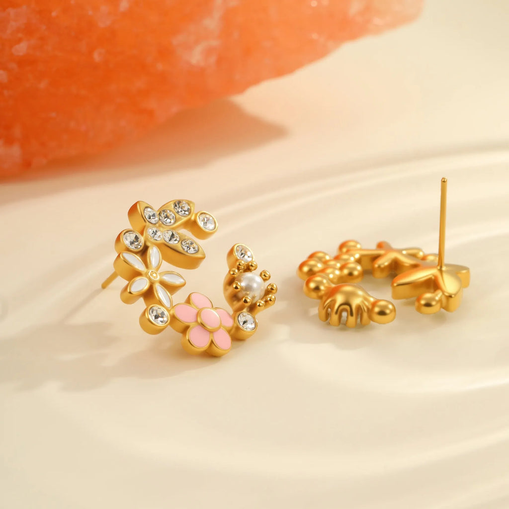 Women's stainless steel flower stud earrings with 18K gold electroplating and colourful oil treatment