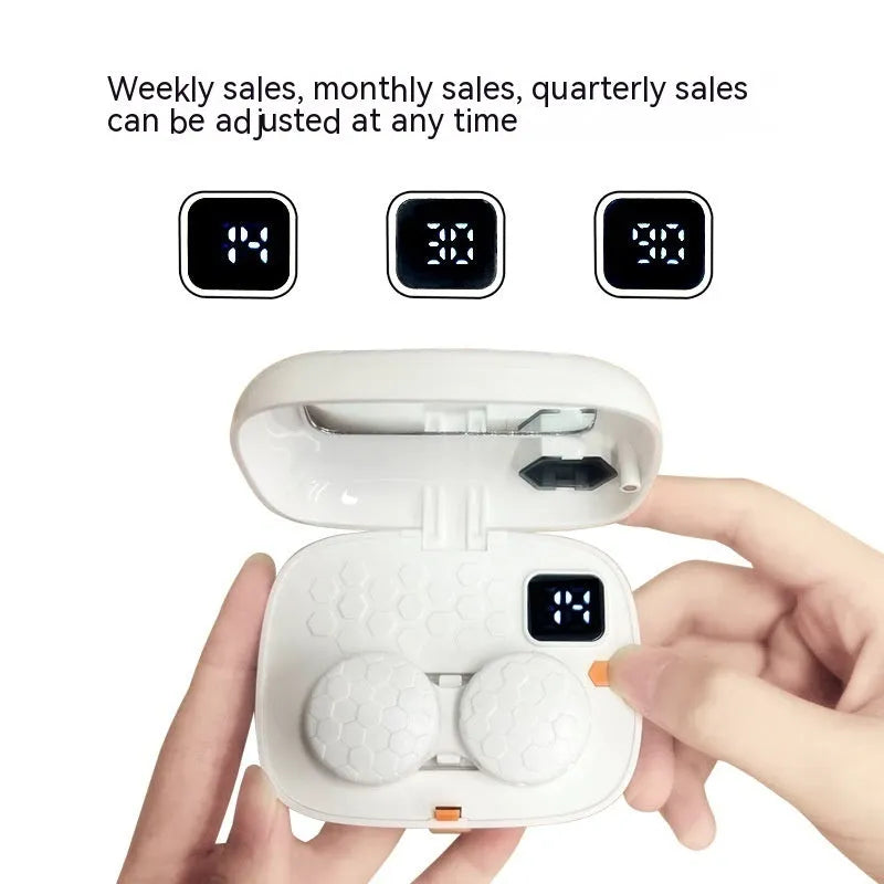Automatic ultrasonic glasses cleaning machine in blue, a handheld plastic device for contact lenses.