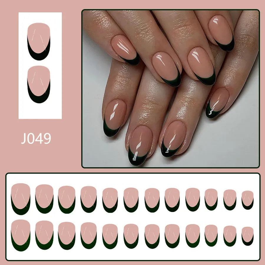Simple black French style almond shape press-on nails 24-piece set J049