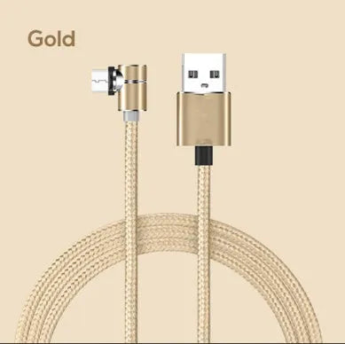 L-shape magnetic charging cable with aluminium housing in black, red, gold, or silver, showing Micro USB, Lightning and Type-C plug heads.