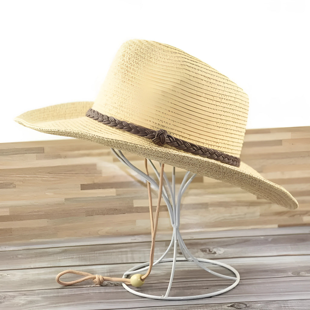 Men's foldable straw sun hat with wide brim in beige colour, shown in collapsed and worn positions