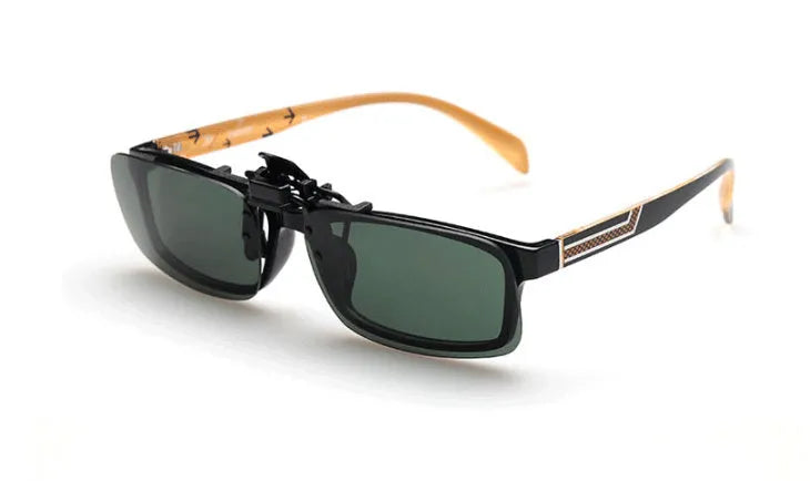 A clip-on sunglasses accessory with PC lenses shown in dark green, grey, and night vision tints, designed to fit over prescription glasses.
