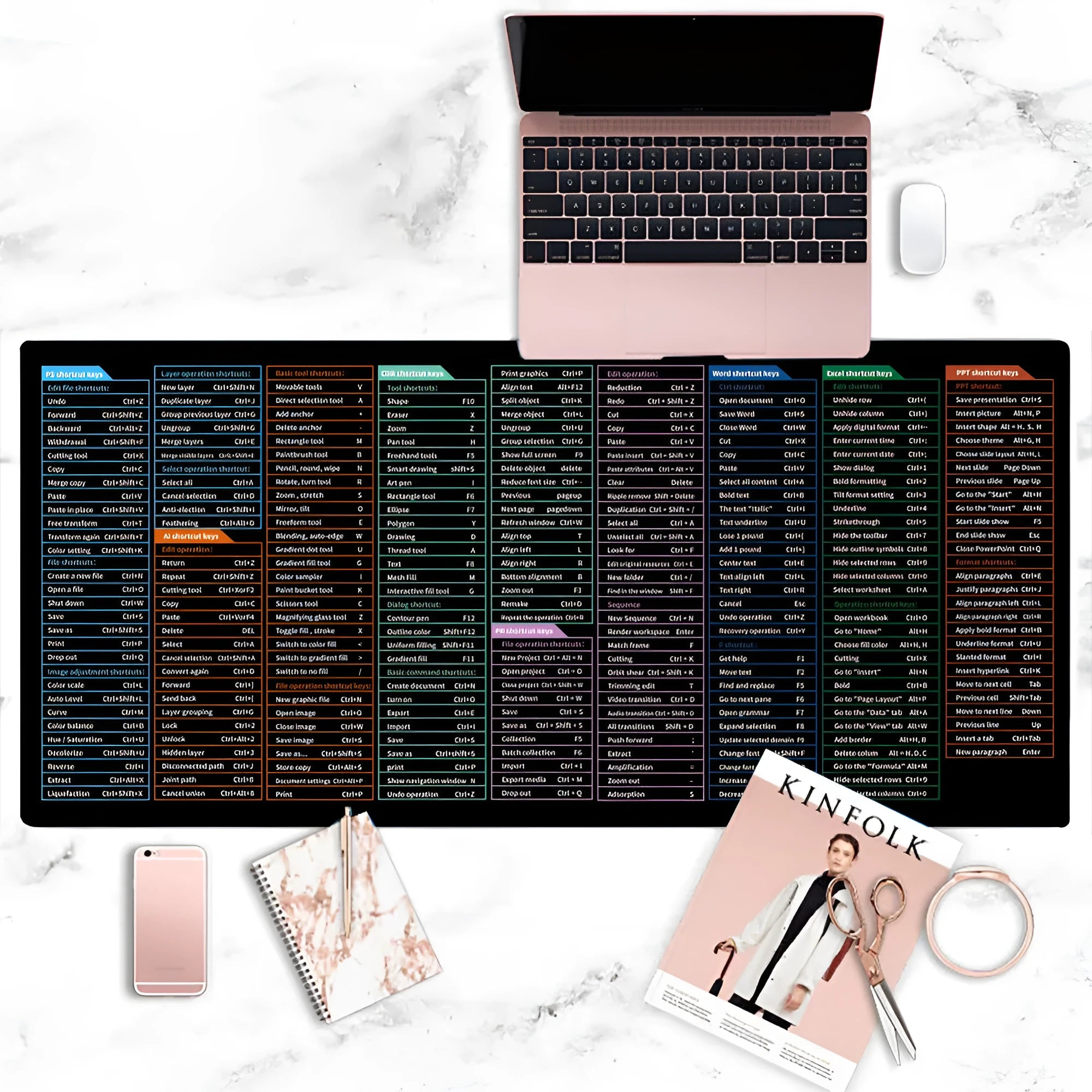Large office mouse mat with printed calculator and English keyboard shortcut keys on natural rubber base