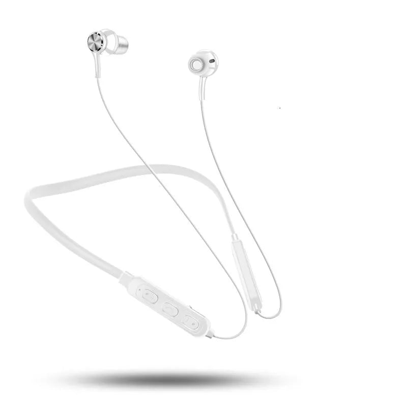 Black Bluetooth neckband sports earphones with earpieces and USB cable