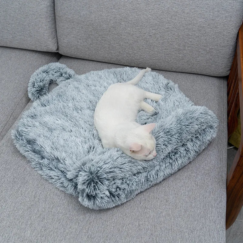 Plush round cat sleeping bag in grey+white offering a warm semi-enclosed pet nest with soft cloth finish