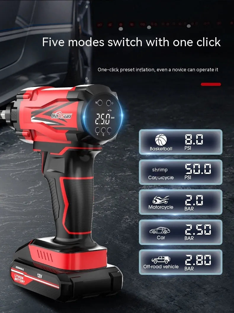Red and black portable car tyre inflator with power cable and accessories