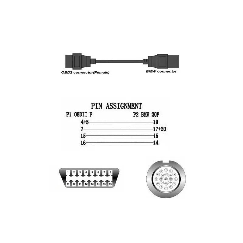 BMW diagnostic adapter cable with 20-pin and 16-pin OBD2 connectors for vehicle scanner compatibility