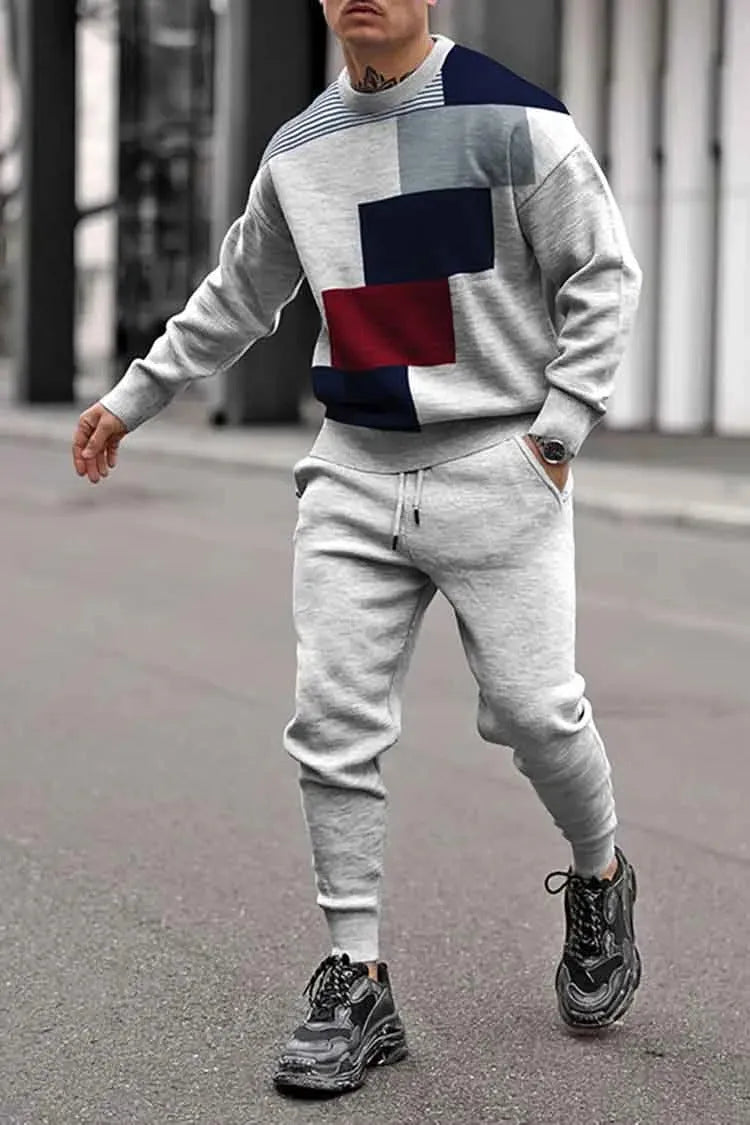 Men's casual printed sportswear suit with polyester blend jacket and trousers, available in multiple colours and sizes S to 6XL