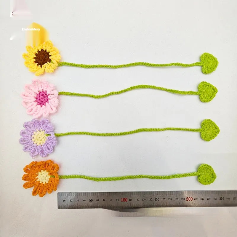 Hand-crocheted daisy design wool bookmark with flexible wire core in various colour options