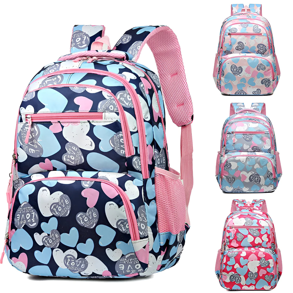 Blue Oxford cloth student backpack with air pillow shoulder straps shown open