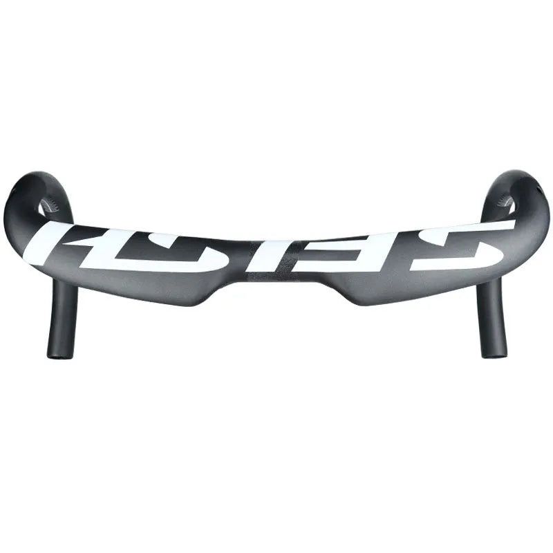 Carbon fibre road bike bent handlebar showing 31.8mm clamp area and drop profile