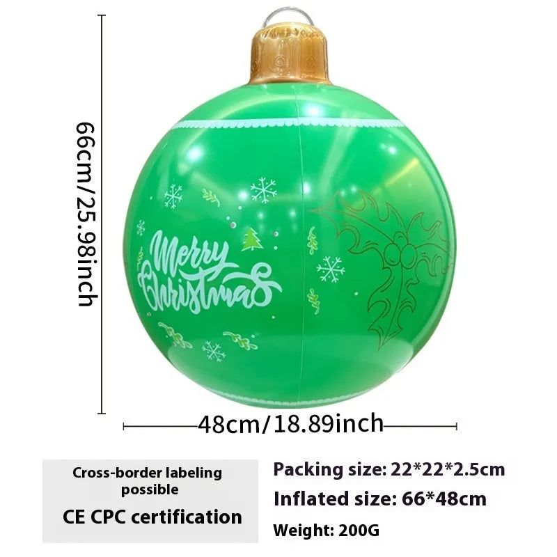 Large red inflatable Christmas ball with flash lights, shown with manual pump, for garden decoration.