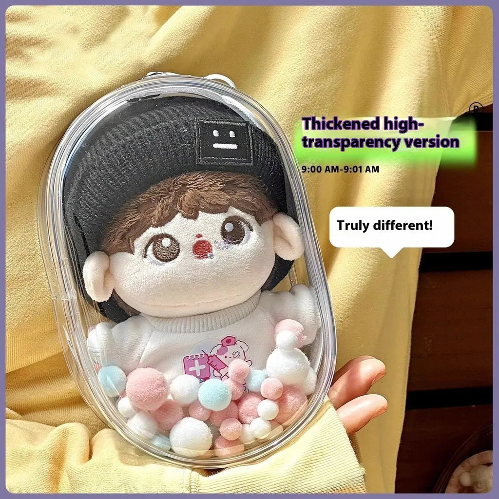 Transparent PVC cotton doll storage bag 17cm cube with keychain attachment options