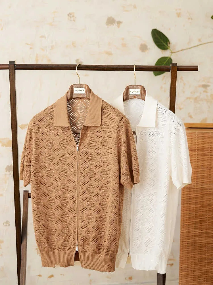 Light brown men's cotton cardigan with zipper front and lapel collar on a hanger.