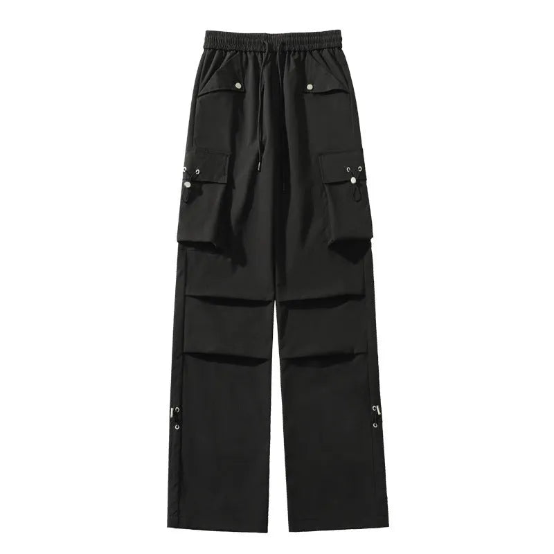 Plus size straight-leg waterproof trousers with drawstring waist in black, grey, or white