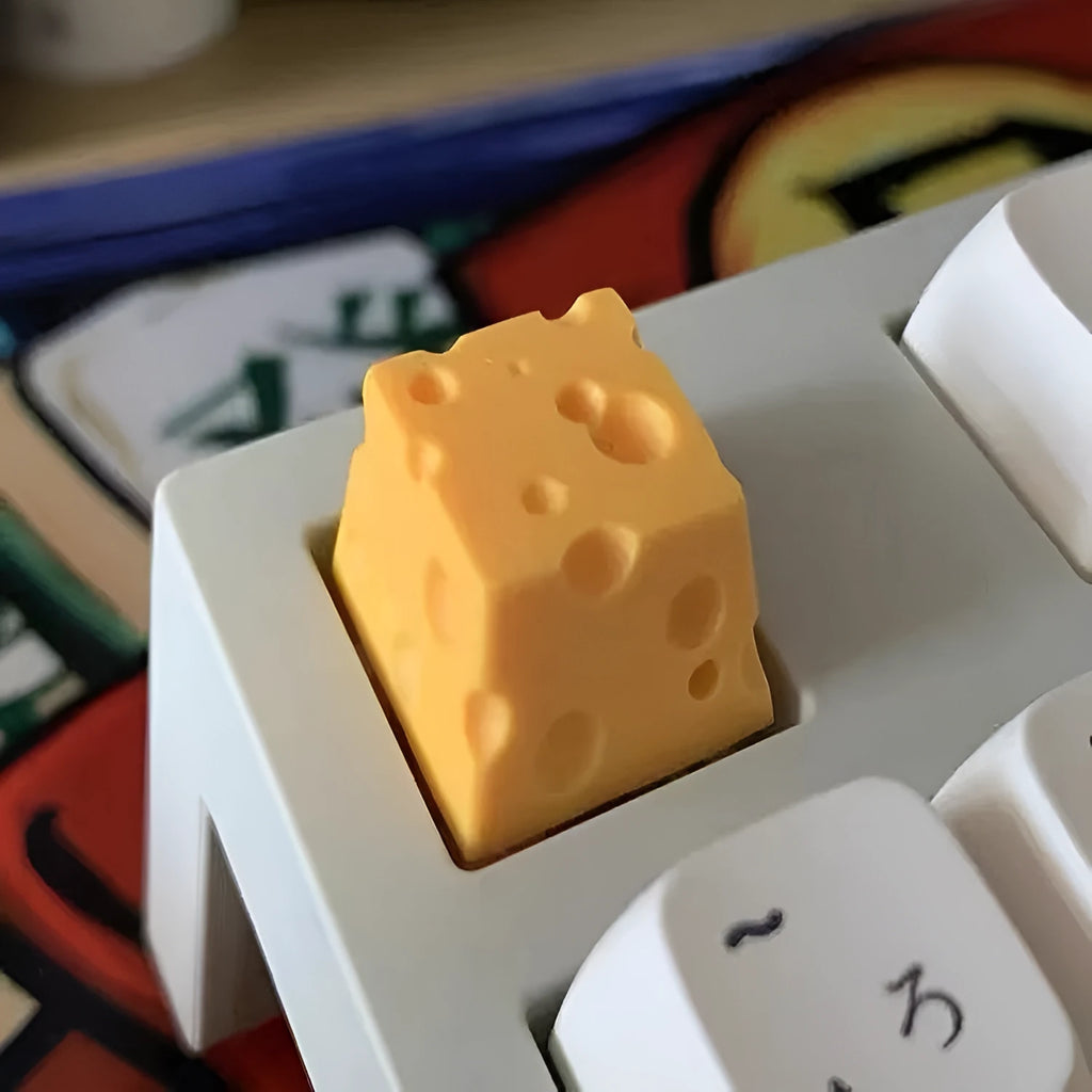 Yellow handmade resin cheese key cap for mechanical keyboards with detailed sculpted design