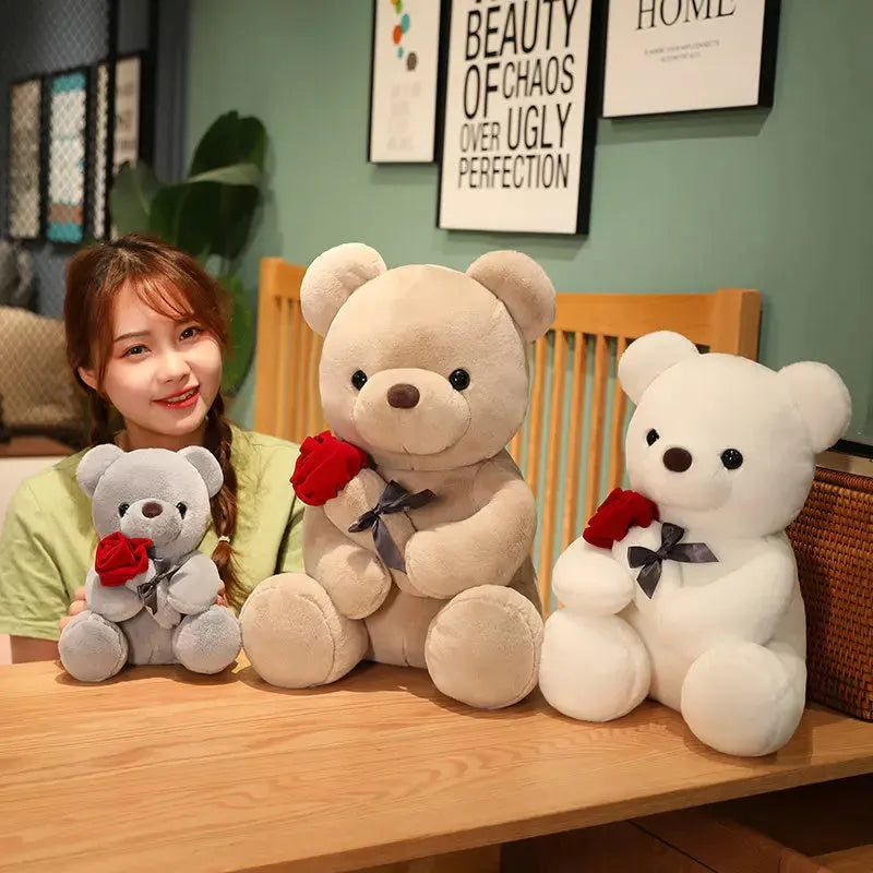 Rose bear teddy plush pillow doll in beige, brown or grey with PP cotton filling