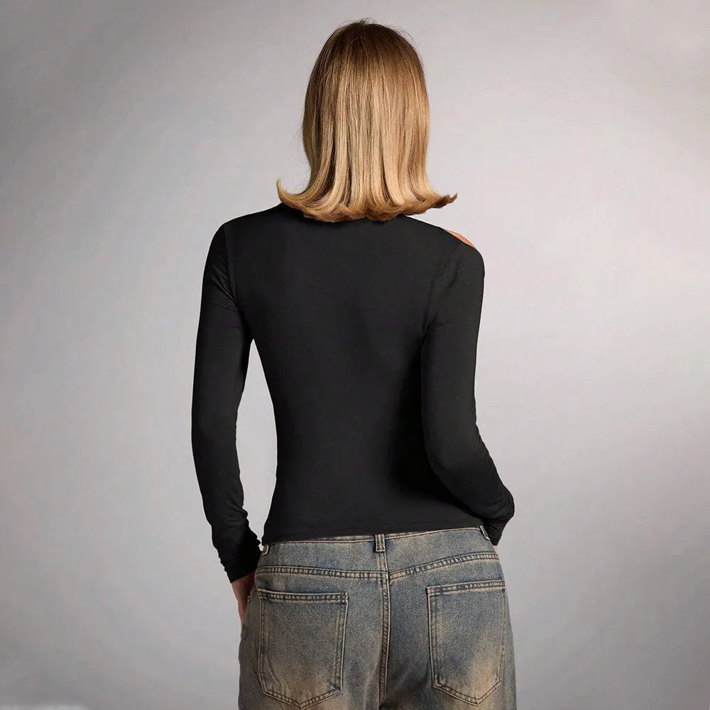Black women's halter top with long sleeves and slim fit fashion styling