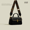 Brown retro messenger bag showing square vertical design with crossbody strap and outer sandwich pocket