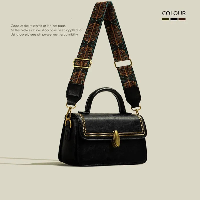 Brown retro messenger bag showing square vertical design with crossbody strap and outer sandwich pocket