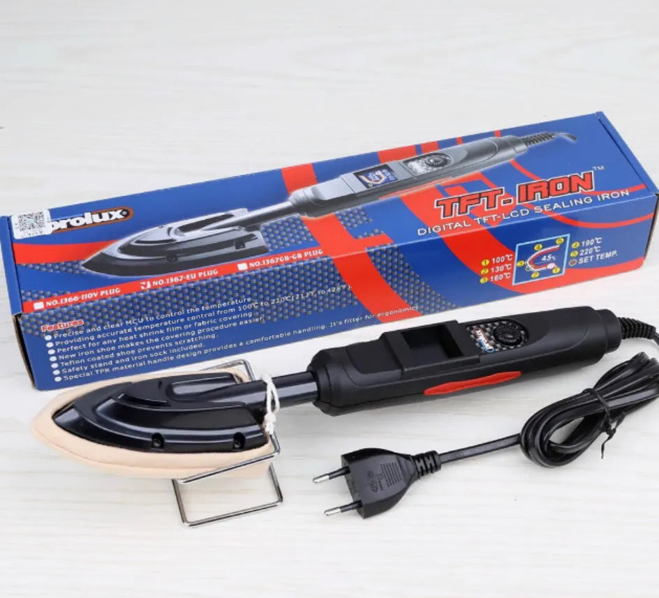 Electronic temperature control iron with PTFE-coated plate for skin model styling