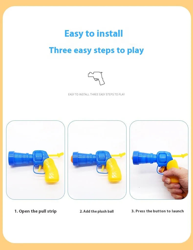 30cm pet toy launch gun with assortment of colourful 3cm plush yarn balls for dogs and cats