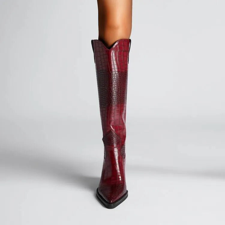 Retro pointed stone pattern chunky heel shoes in dark brown with microfiber upper and rubber sole