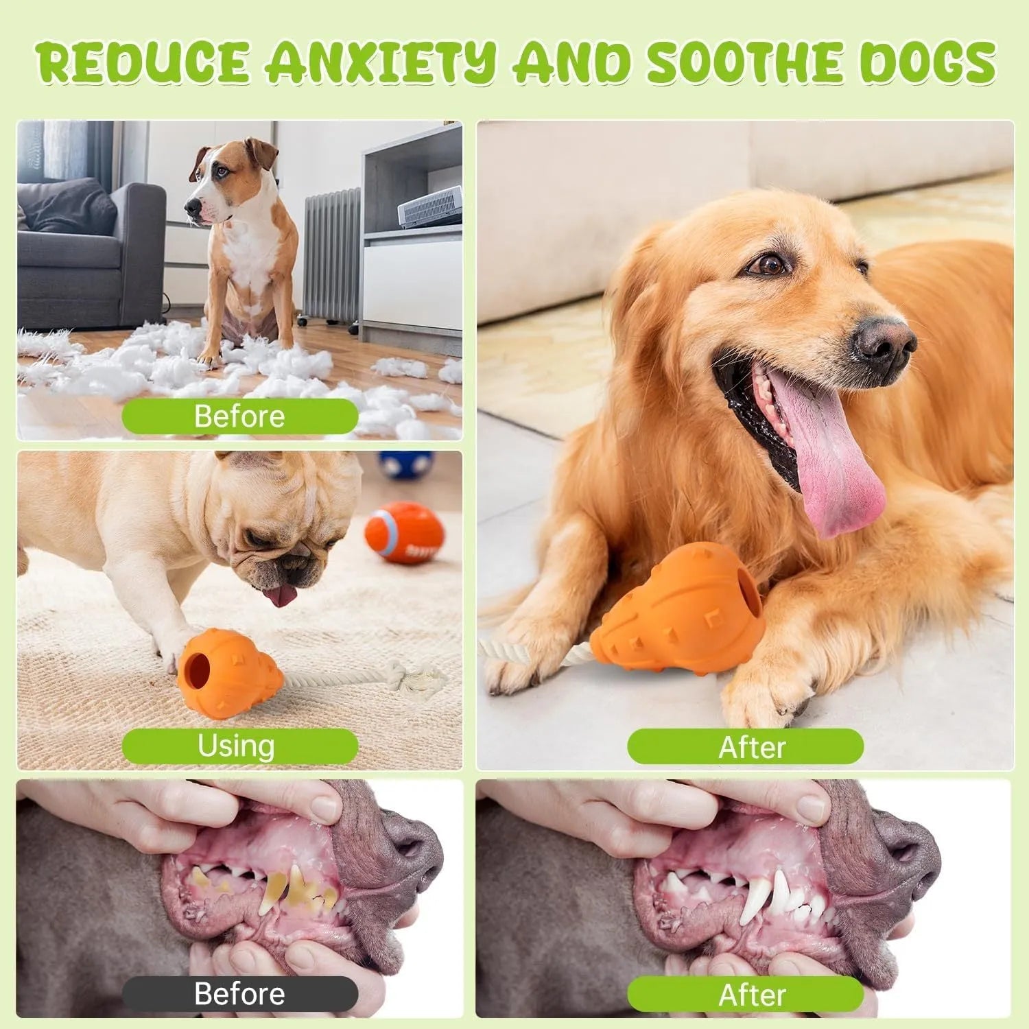 Natural rubber stuffable dog toy with a long strap for interactive play.