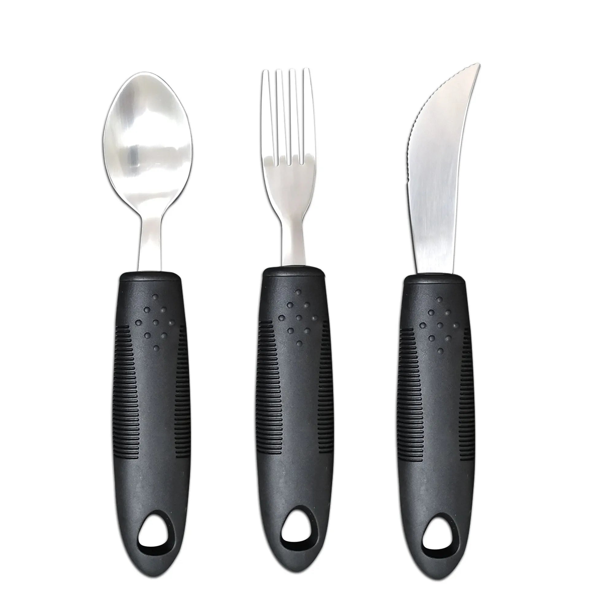 Stainless steel anti-shake cutlery set with rubber handles for adult mealtime assistance