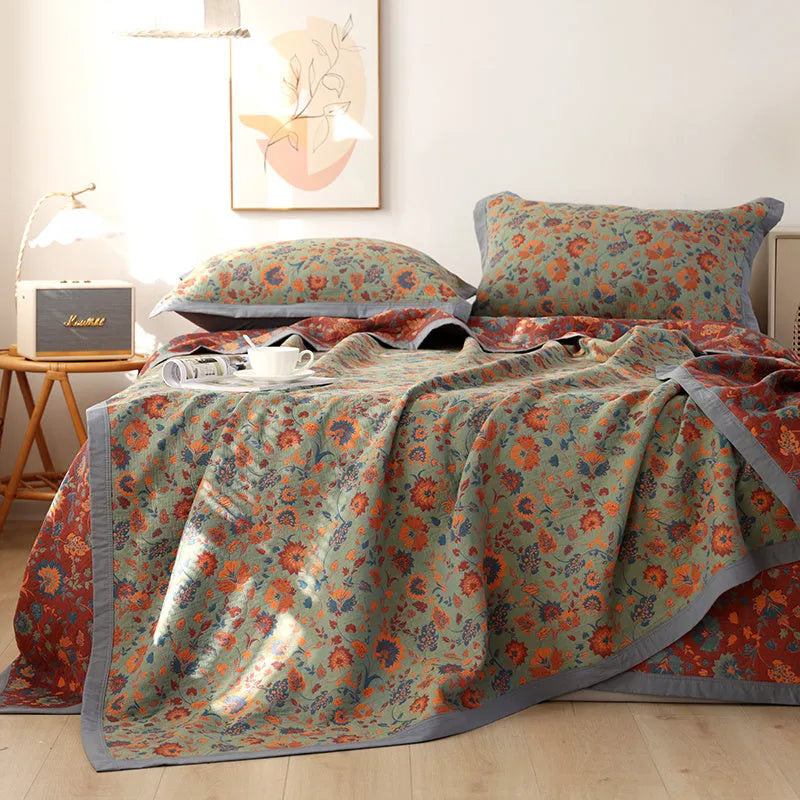 Cotton gauze blanket and pillowcase set with floral pattern in three size options