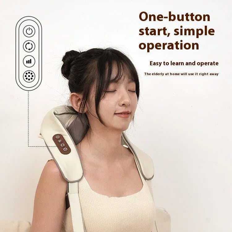 Blue foldable electric neck and shoulder massager with heat settings, shown unfolded.