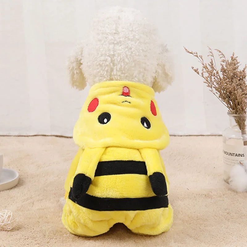 Fleece cartoon hoodie coat for a cat or small dog on a white background.