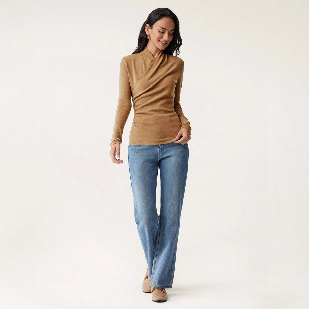 Camel colour women's slim fit polyester pullover sweater with long sleeves