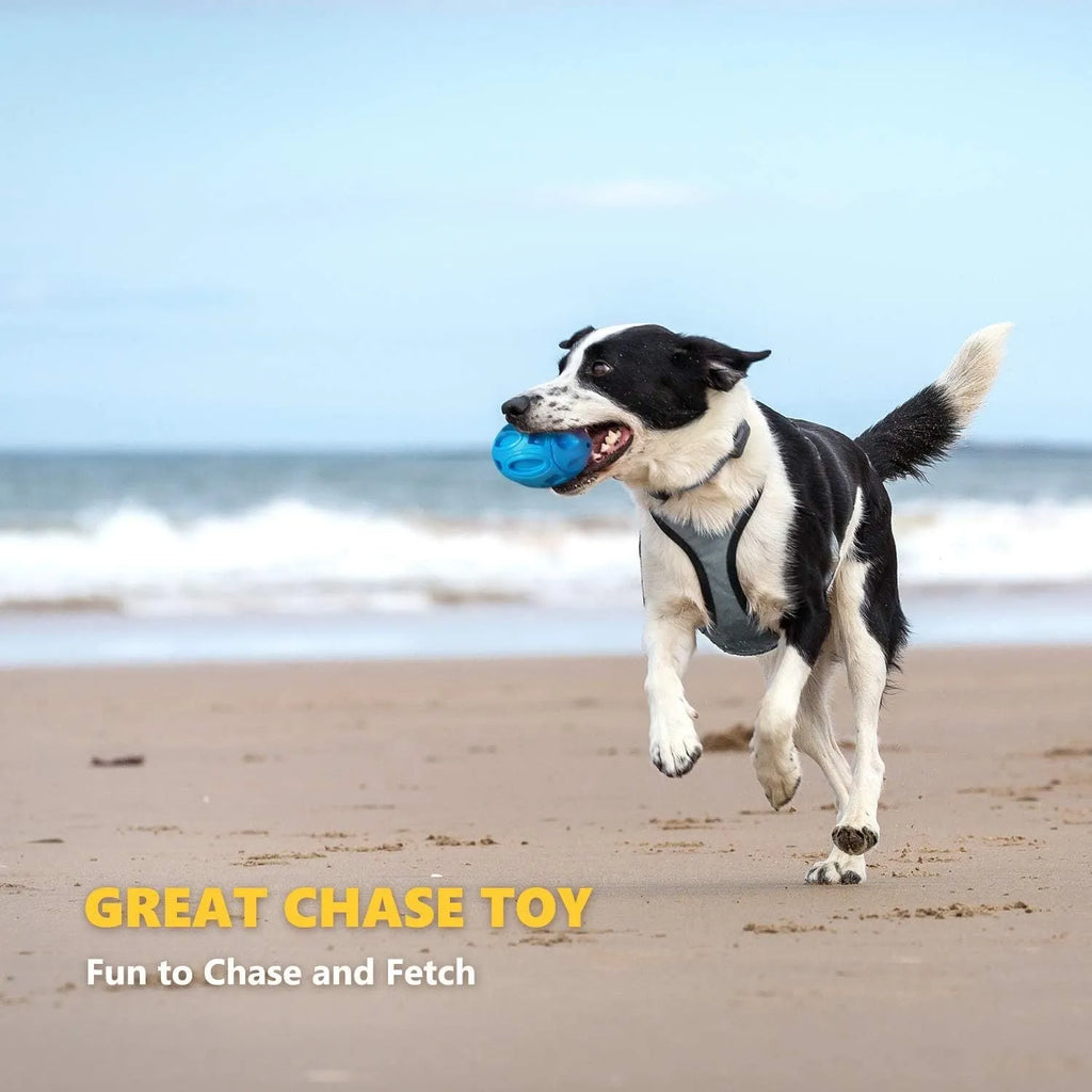 Natural rubber squeaky dog chew ball for medium and large breed aggressive chewers in blue, green, and orange colours