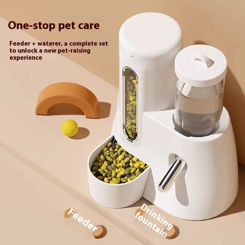 White automatic hamster drinking water feeder with integrated food basin on a stable base.