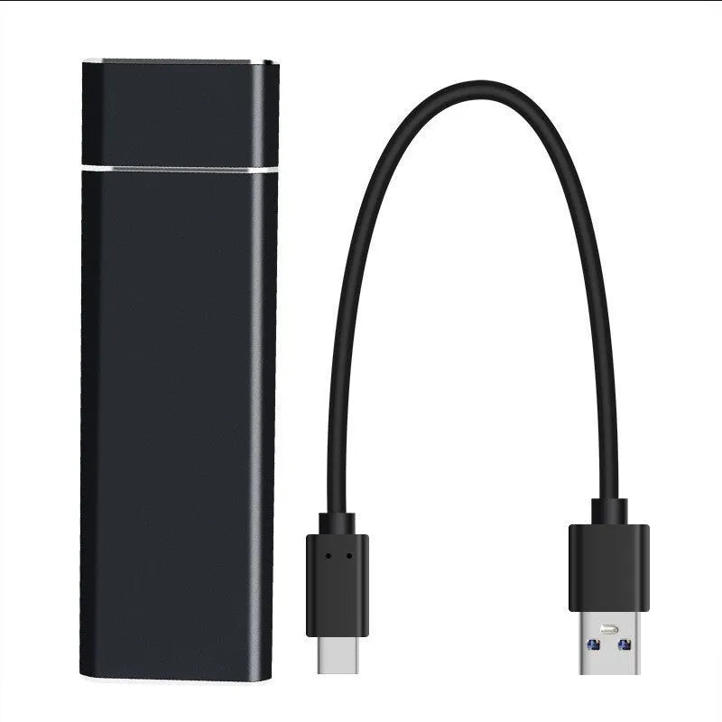 Sapphire blue portable metal external hard drive with USB cable on a white background.