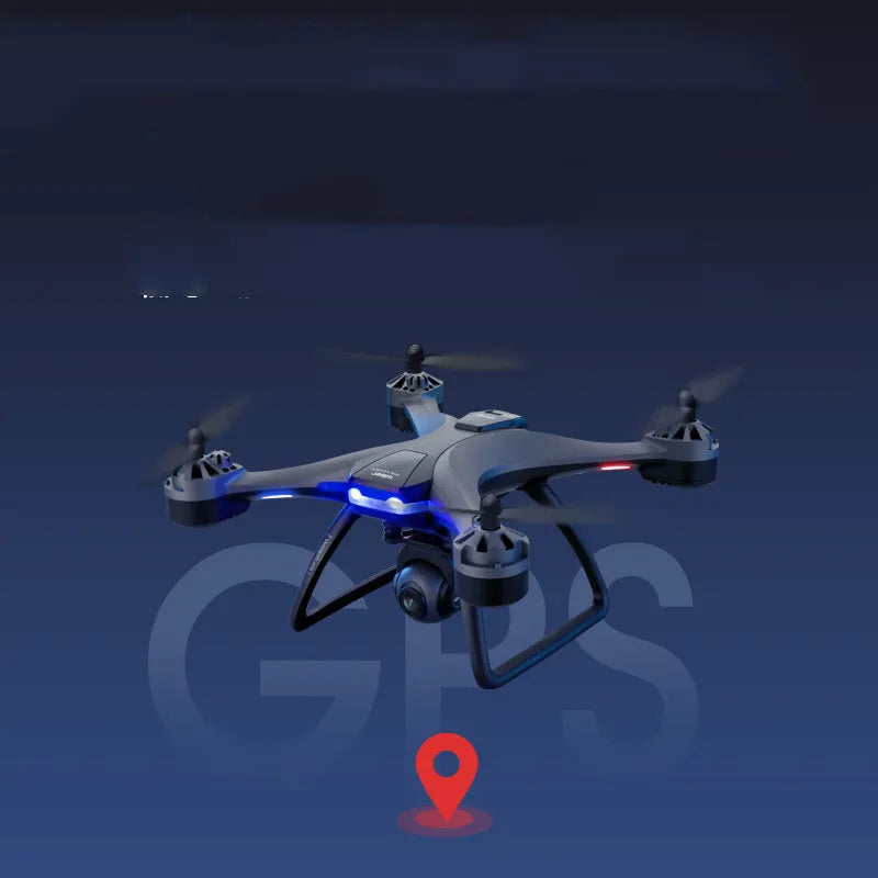 Plastic quadrocopter drone with four rotors and GPS antenna, shown with handle remote controller and spare blades
