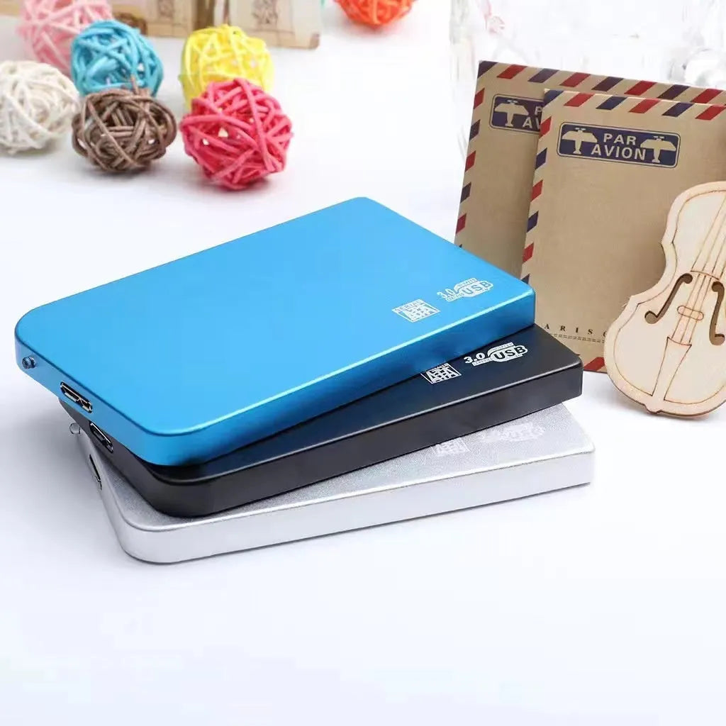 USB 3.0 solid state external hard drive in a metal case, shown in black, blue, red, and silver colour options.