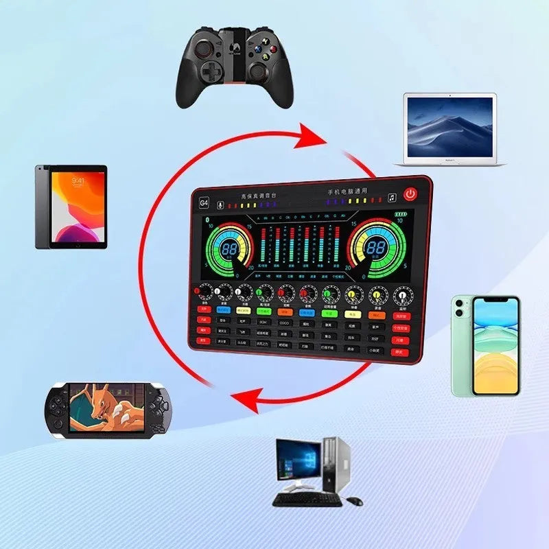 G4 professional singing sound card mixer with LCD screen, control knobs, and included microphone and cables.