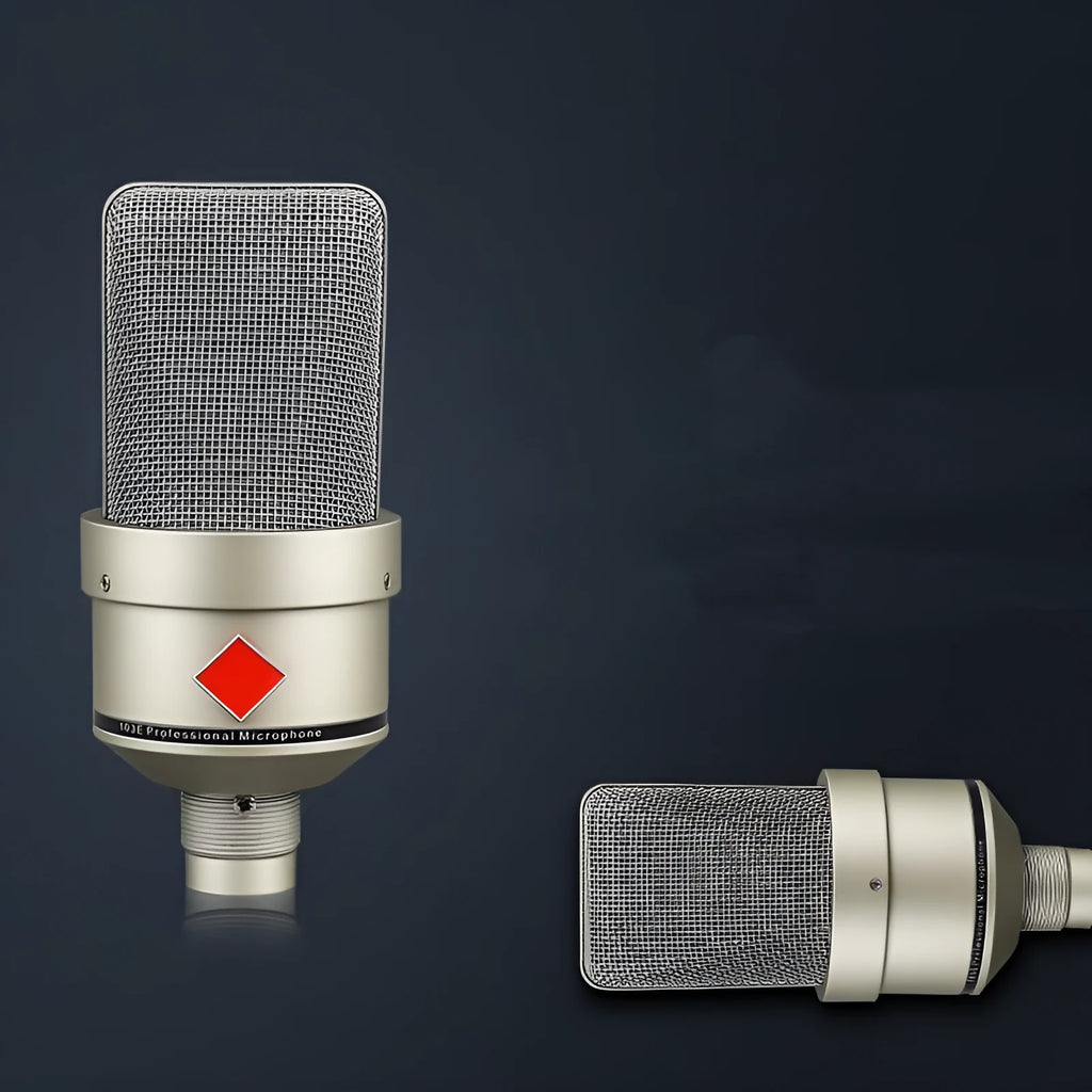 Wired condenser microphone in champagne gold colour with cable and stand for recording and live broadcast