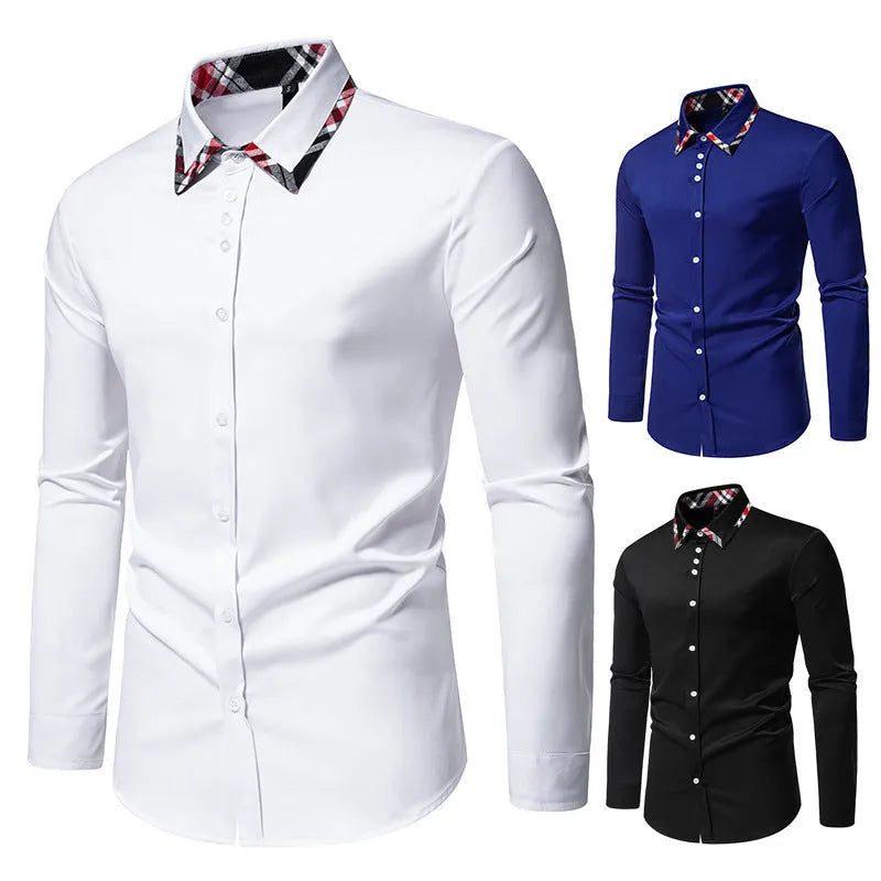 Men's plaid long sleeve shirt with triangle collar in blue, black or white colour options