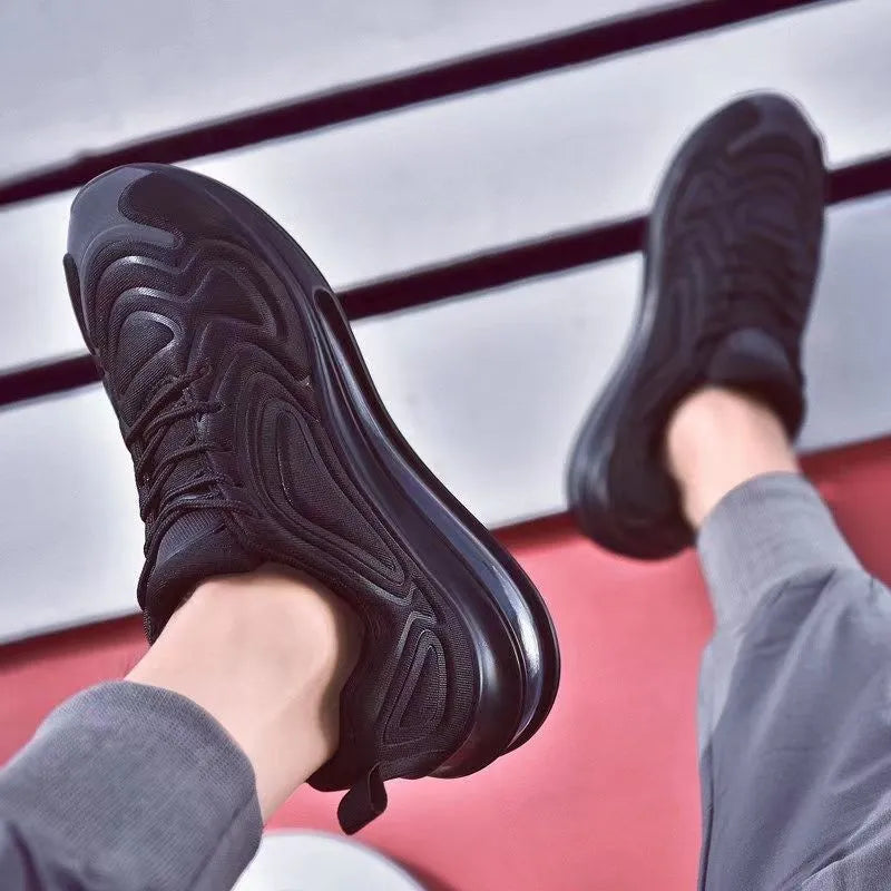 Men's black lace-up sneakers with thick sole and round toe for outdoor sports