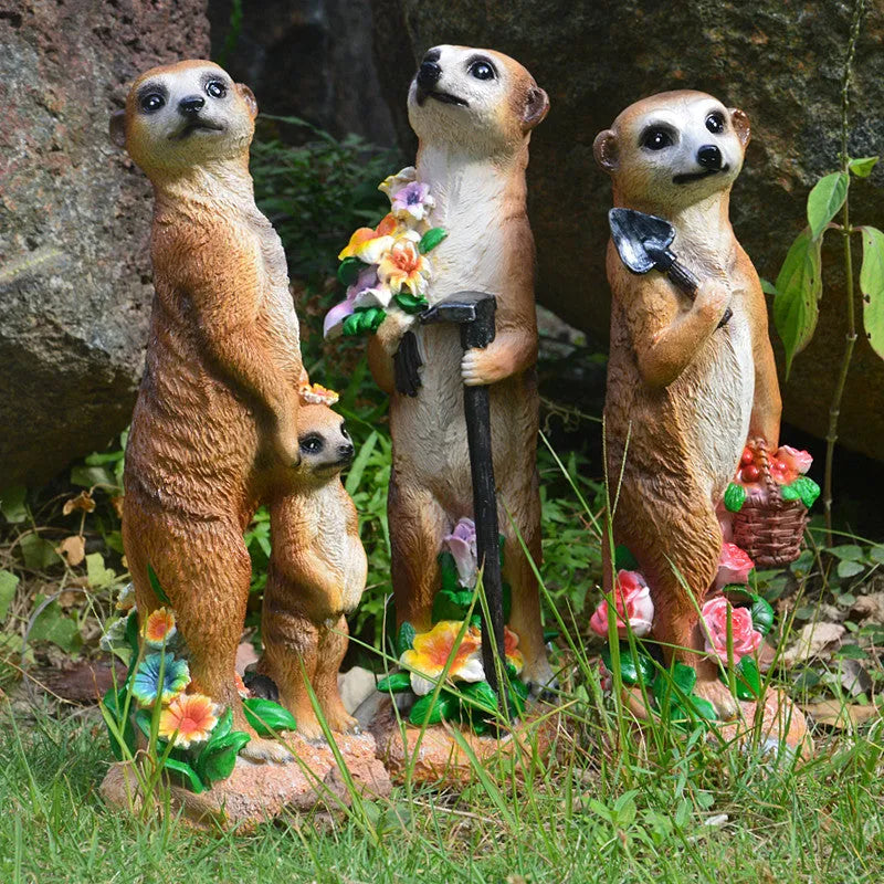 Three yellow-brown straw hat mongoose resin ornaments for bonsai gardening decoration