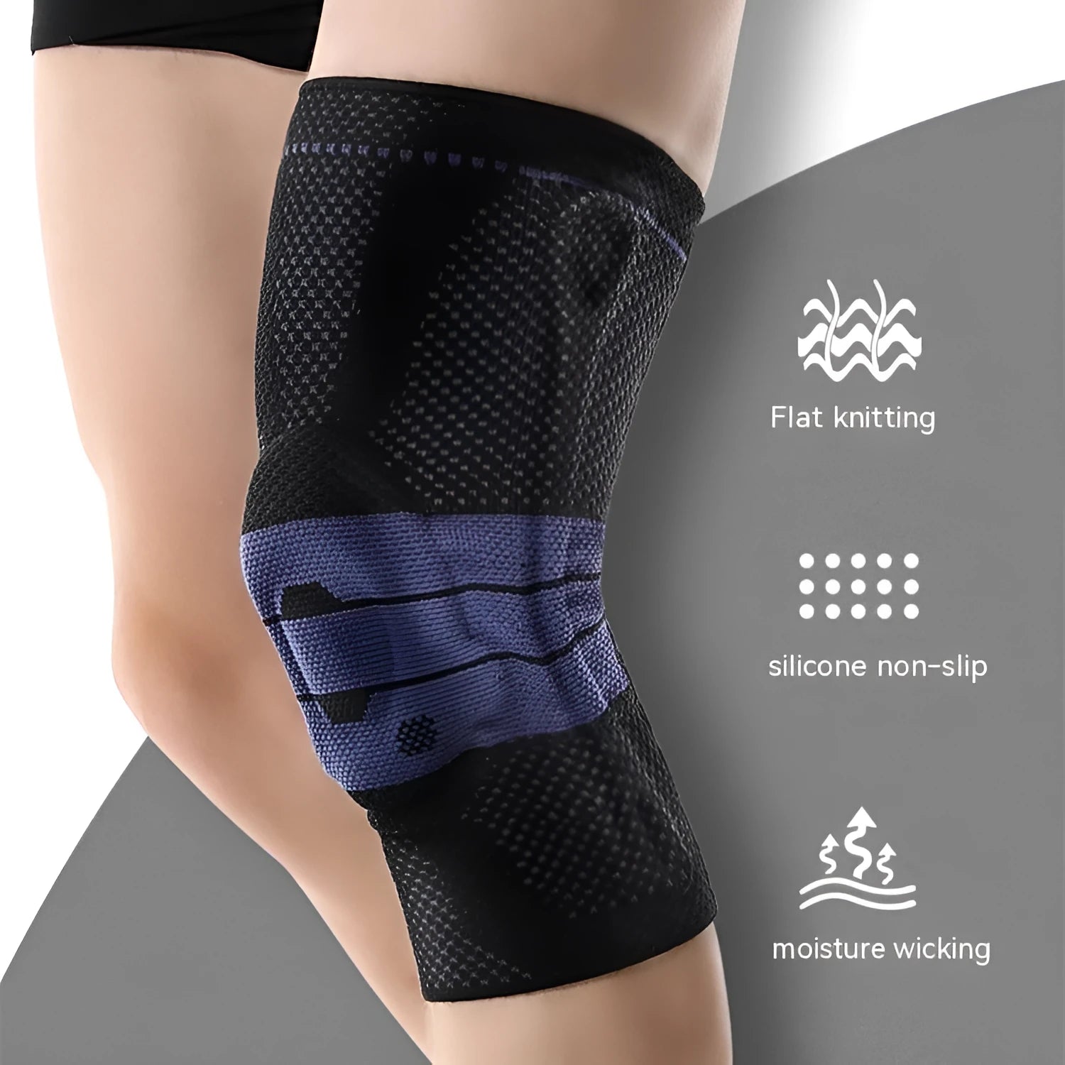 Black and blue adult sports knee pad for basketball and running, made of nylon and spandex.